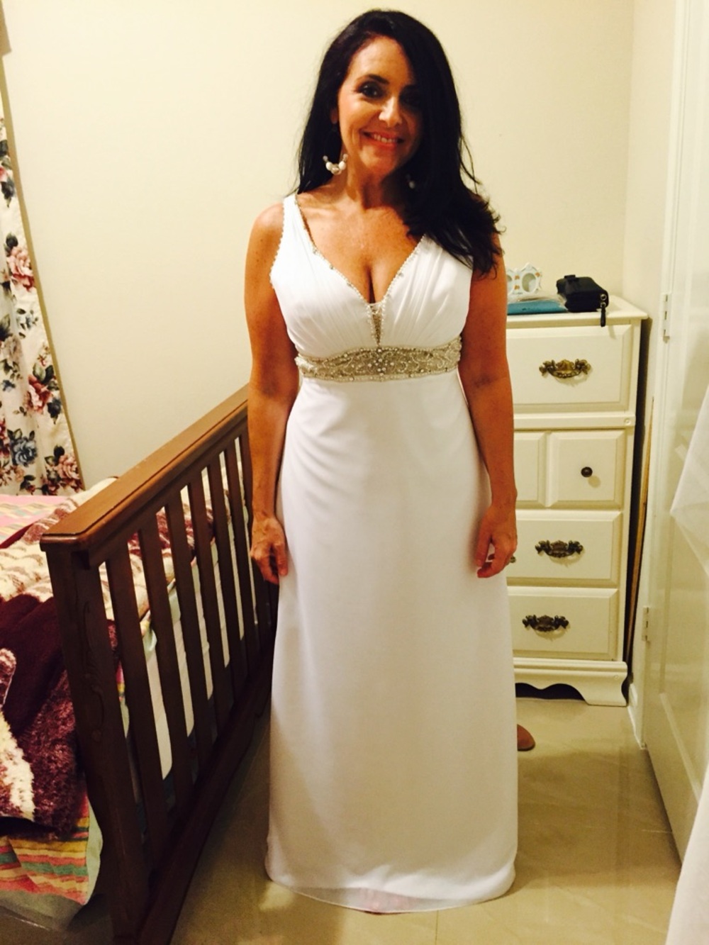White V-Neck Beaded Empire Waist Wedding Dress
